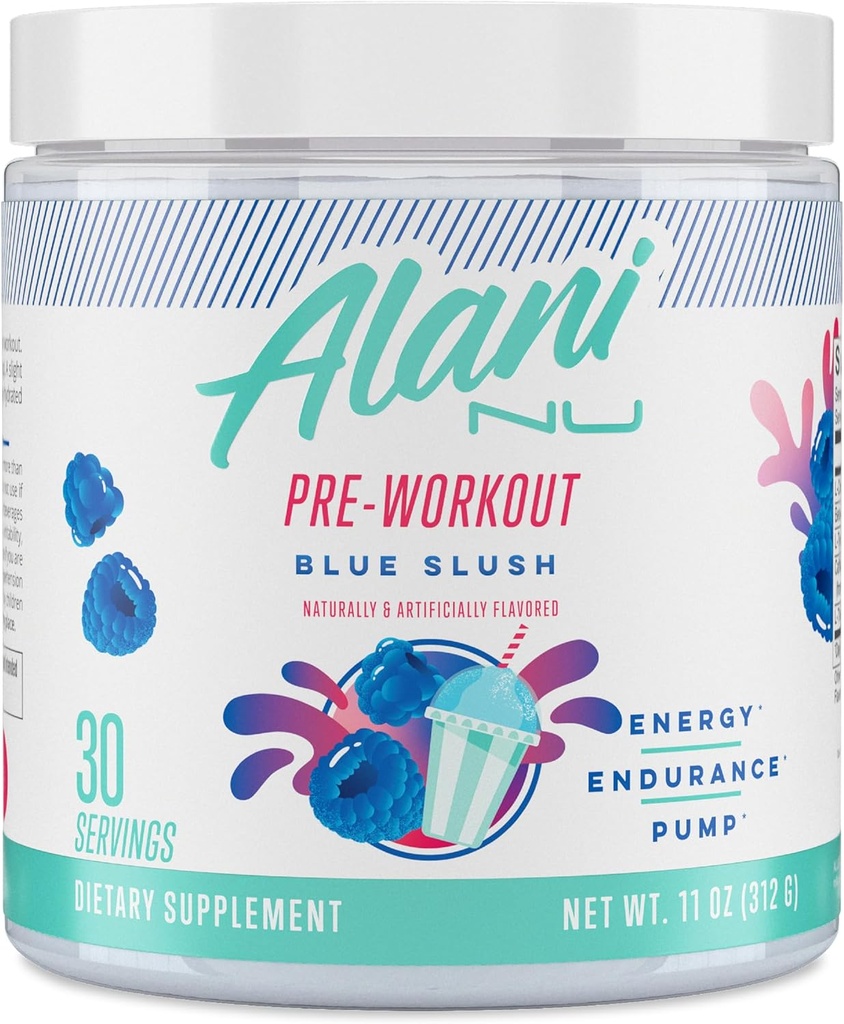 Alani Nu Pre Workout Powder Blue Slush、アミノエナジーブースト、Endurance Supplement、砂糖フリー、200mgカフェイン、L-テアニン、ベータアラニン、L-シトルリン、30サービング
