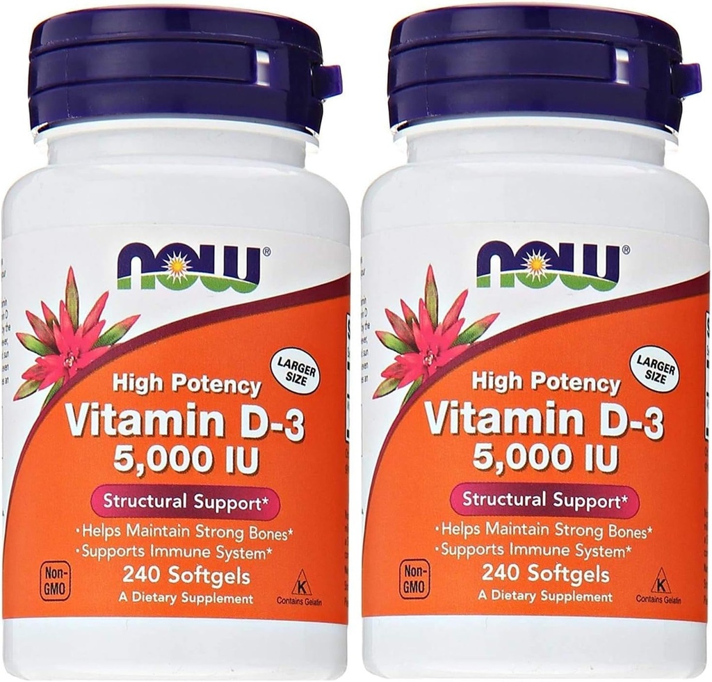 Now Foods Vitamin D3 5,000 IU, 240 softgels (Pack of 2)