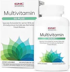 GNC Women’s 50 Plus Multivitamin Caplets, Clinically Proven to Feel Better, Vitamin D-3, Immune, Strong Bones, Memory, Mental Sharpness, Vision, Biotin, Timed Release, 120 ct, 60 svgs