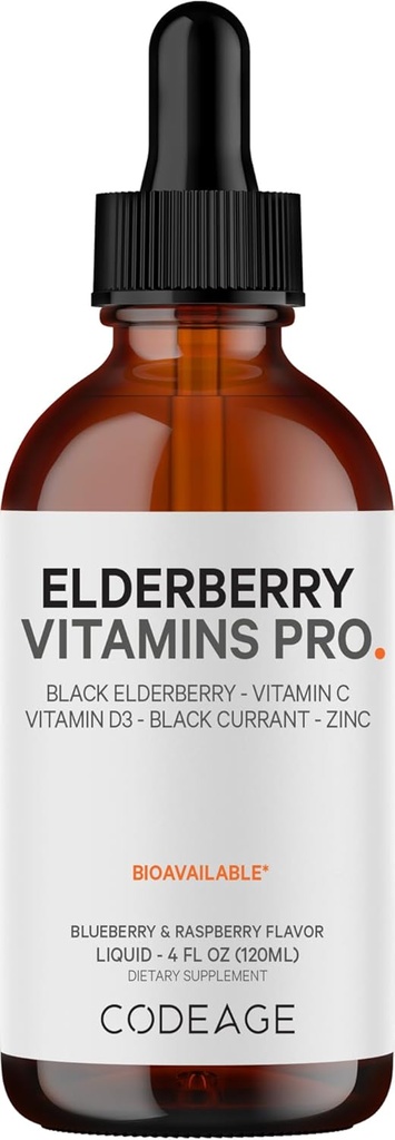 Codeage Elderberry Vitamins Pro - オーガニックブラックElderberry Liquid Drops - ビタミンC、D3、亜鉛、ブラックCurrant - 2-Month Supply - ブラックSambucus液 - 大人と子供のためのサプリメント - 4 fl oz