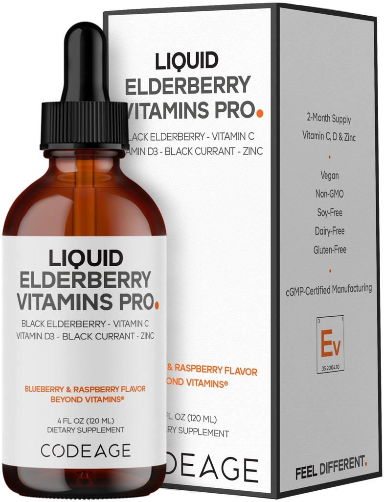 Codeage Elderberry Vitamins Pro - オーガニックブラックElderberry Liquid Drops - ビタミンC、D3、亜鉛、ブラックCurrant - 2-Month Supply - ブラックSambucus液 - 大人と子供のためのサプリメント - 4 fl oz
