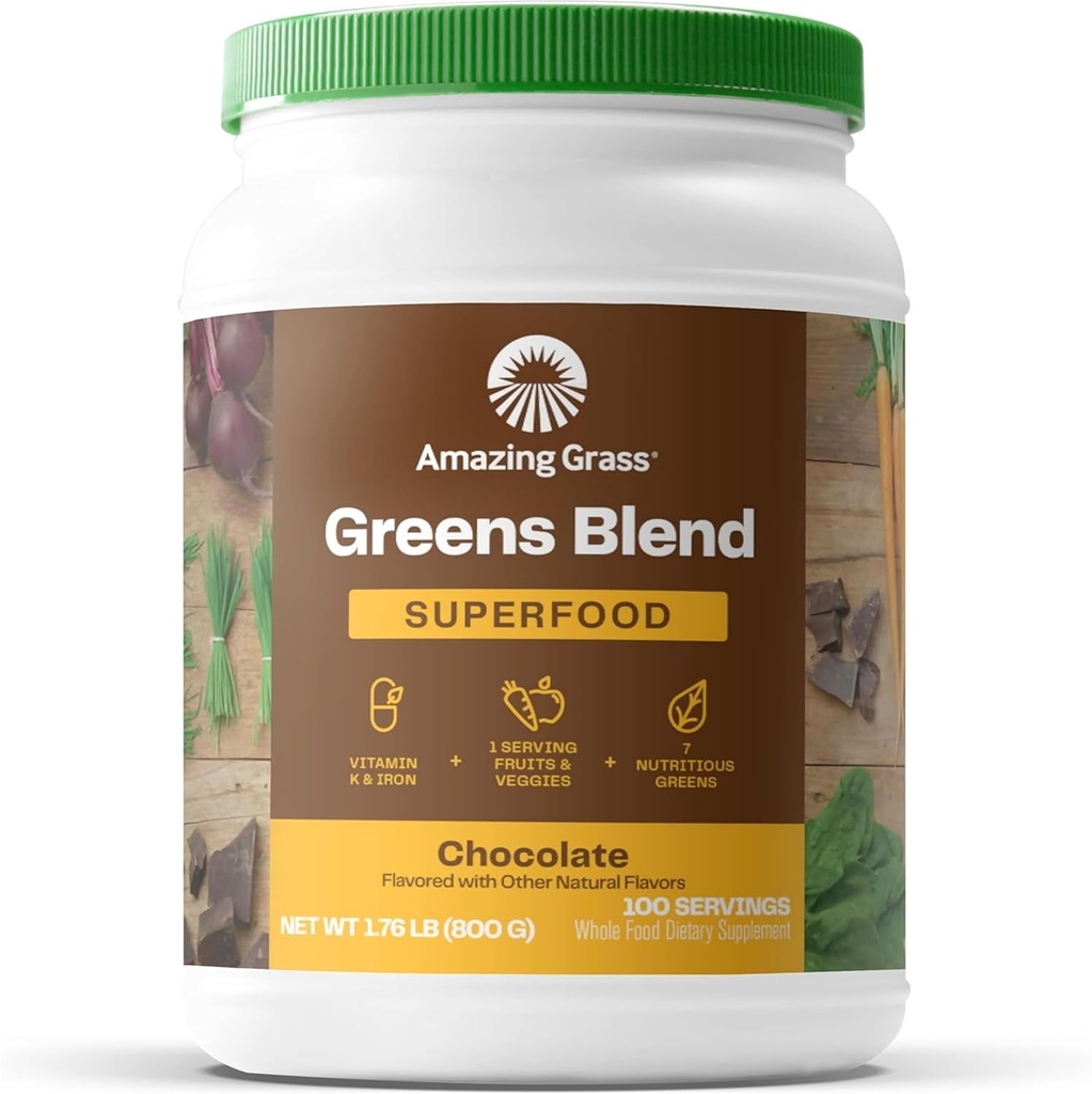 Amazing Grass Greens Superfood Powder: Greens Powder with Digestive Enzymes & Probiotics, Organic Spirulina, Chlorella, and Beet Root Powder, Chocolate, 100 Servings