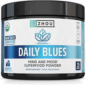 Zhou Daily Blues - Blue Spirulina Powder Organic, Blue Algae Energy Superfood Supplement for Smoothie, Vegan Drink Mix - Blueberry Flavor, 4.22 oz (25 Servings)