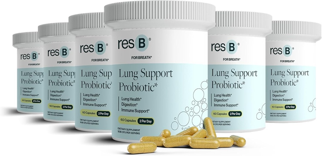 Resbiotic resB Lungサポートプロバイオティックサプリメント - 喫煙者、腸の健康、免疫サポート、呼吸器ケア、聖バジル、ターメリック、臨床試験 - 360カプセル(6ボトル)