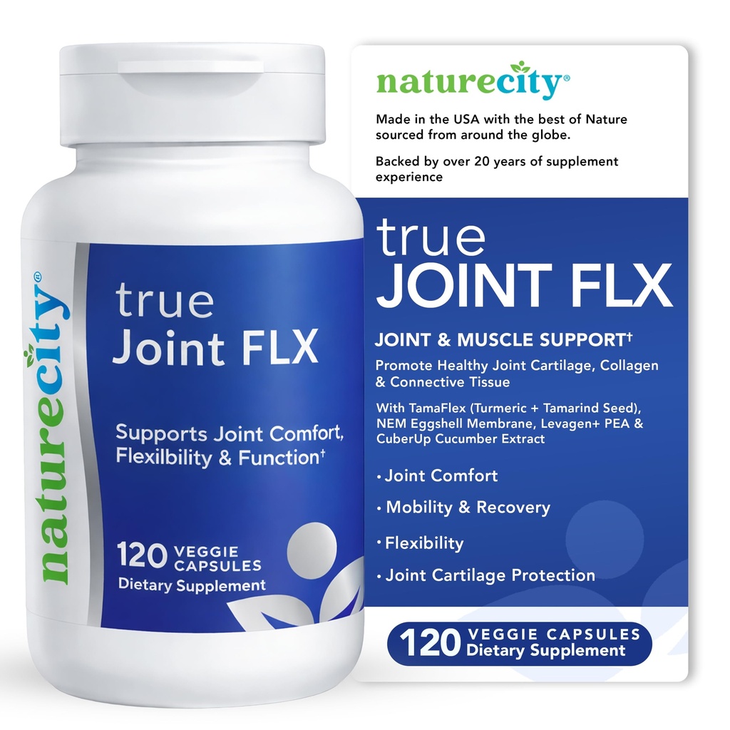 NatureCity True-Joint FLXジョイントサプリメントフォーミュラ(120カプセル) | 多摩フレックス, NEMエッグシェルメンブレン, Levagen+ PEA & CuberUp | 共同快適性, 柔軟性, モビリティ, 機能と軟骨の健康をサポート