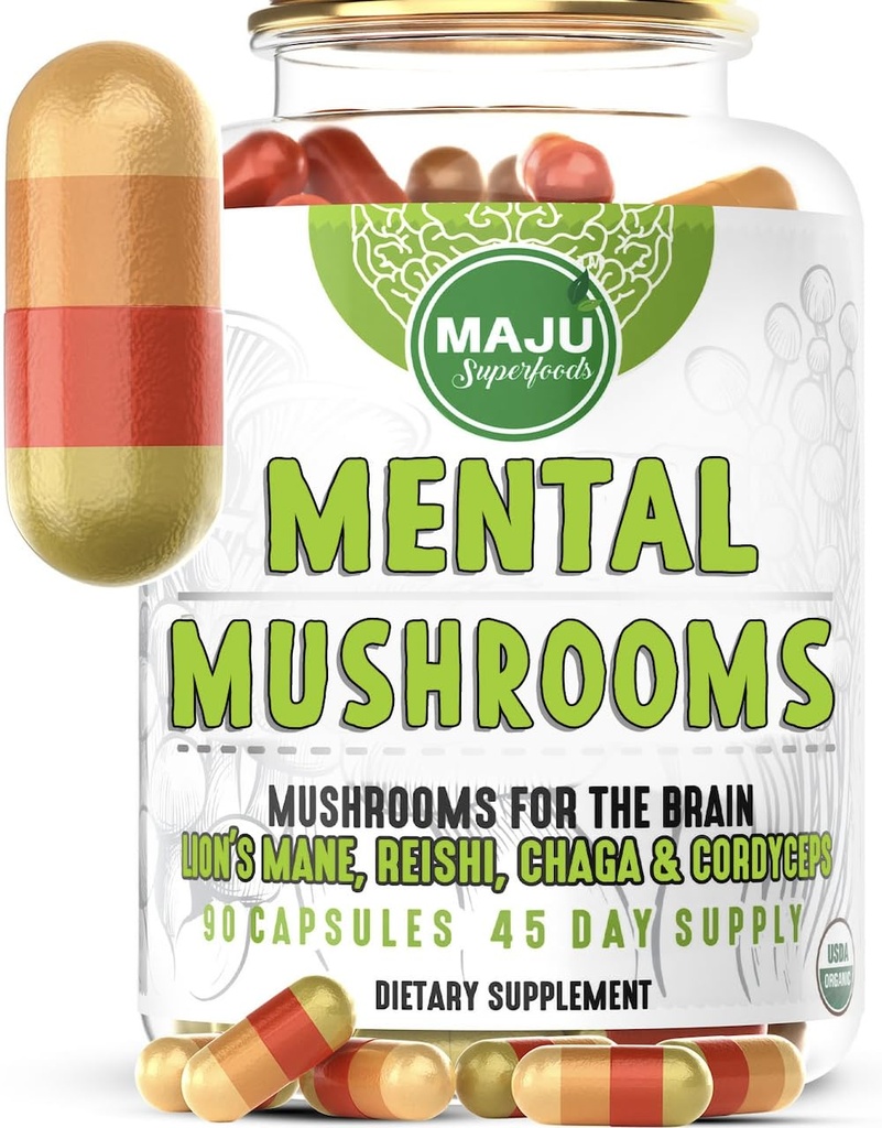 MENTALのきのこのカプセル、有機のエキスの補足w/ライオンのマネ、Cordyceps、ReishiおよびChaga、あなたの焦点、エネルギー、ウェルネスおよび免疫システム-Nootropicのきのこ、免疫サポート90ctを後押しして下さい