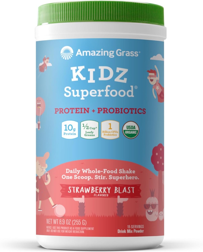 驚くべき草Kidzスーパーフード: ビーガンタンパク質 & ビートルートパウダーと子供のためのプロバイオティクス & 1/2 リーフグリーンのカップ, イチゴブラスト, 15 サービング