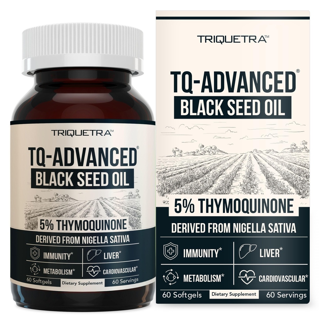 ブラックシードオイルソフトジェル | 5% Thymoquinone - TQ-Advanced® | 高効力 - カプセルあたり500mg - 15:1 Nigellaサティバエキス、生フォーム、ビーガンフォーミュラ、ガラスボトル(60Softgels)から濃縮
