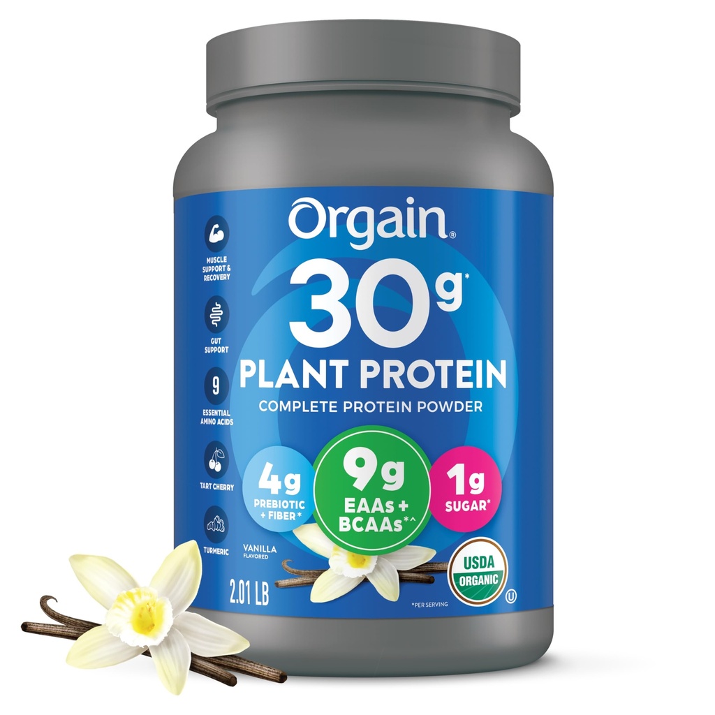 Orgainオーガニック30gビーガン植物タンパク質パウダー、バニラ、9g EAA + BCAAs、高植物タンパク質、4gプレバイオティクス+繊維、1g砂糖、プレワークアウト、筋肉サポート+回復 - 2.01lb(パッケージ5月Vary)
