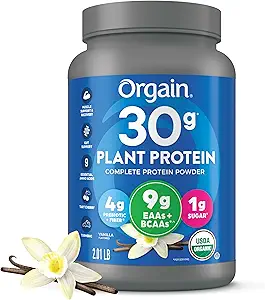 Orgain Organic 30g Vegan Plant Protein Powder, Vanilla, 9g EAAs + BCAAs, High Plant Protein, 4g Prebiotic + Fiber, 1g Sugar, Pre-Workout, Muscle Support + Recovery - 2.01lb (Packaging May Vary)