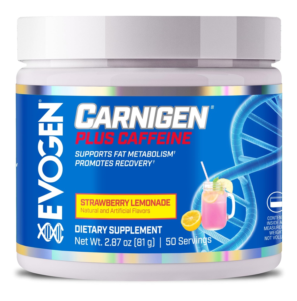 Evogen Carnigen Plusカフェイン - プレミアムカルニチンパウダー | 脂肪代謝と回復を促進します | L カルニチン サプリメント カフェイン & アセチル L カルニチン | イチゴ レモンード | 50 サービング
