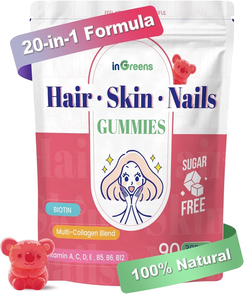 20-in-1 Hair Skin and Nails Gummies, Hair Biotin Vitamins for Women & Men with 10000 mcg Biotin, Vitamins A, C, D, E for Hair Growth & Healthy Skin, White Peach Flavor, 90 Gummies