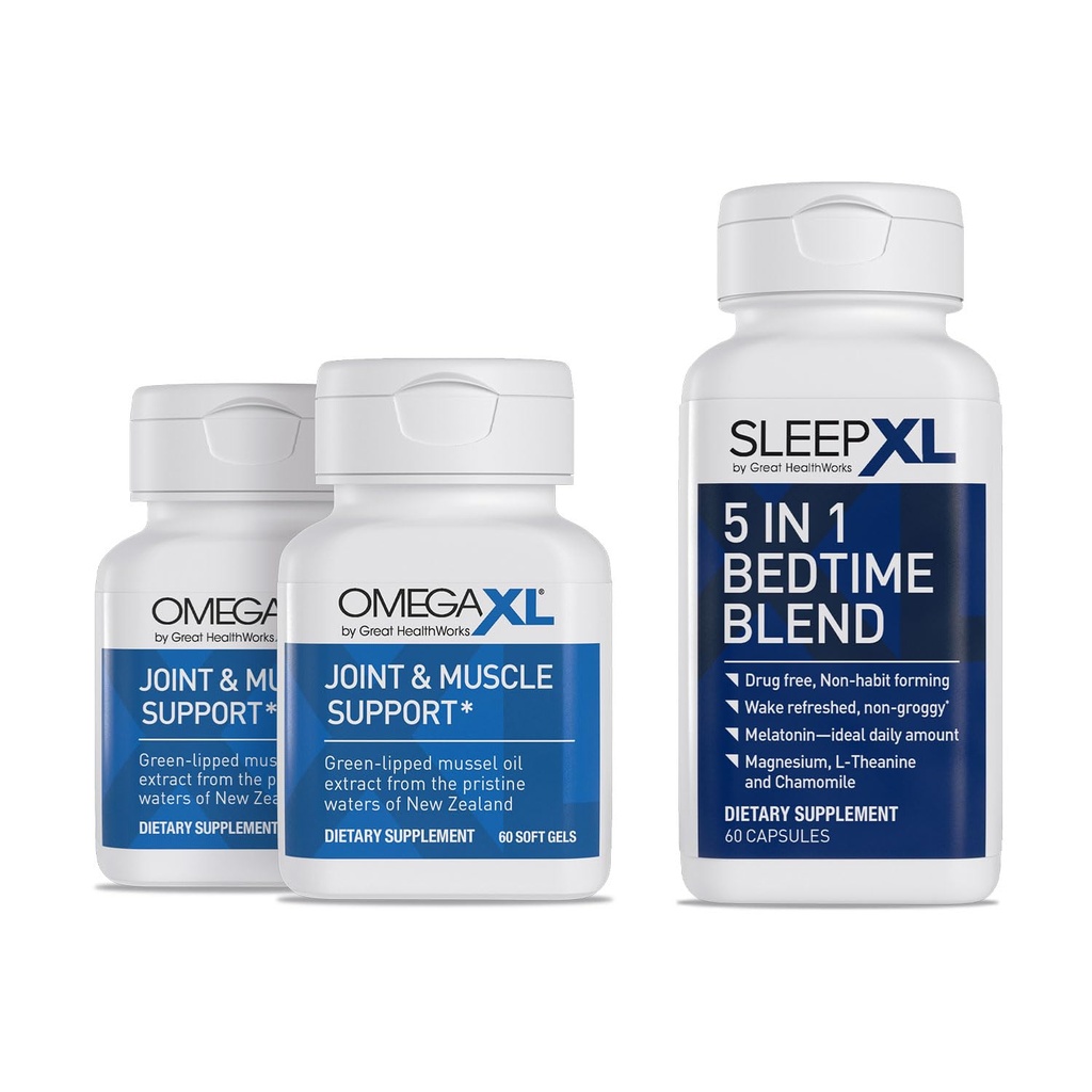 OmegaXLジョイントリリーフサプリメント - ナチュラルマッスルサポート、60 Softgels(2パック)&SleepXL即時リリースメラトニン、L-テアニン(カルミング)、カモミール、マグネシウム&B6(60ビーガンカプセル)