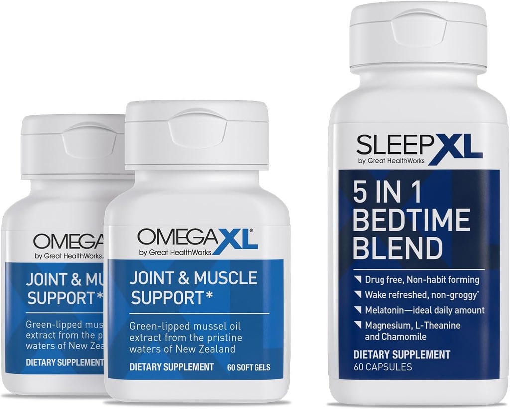 OmegaXLジョイントリリーフサプリメント - ナチュラルマッスルサポート、60 Softgels(2パック)&SleepXL即時リリースメラトニン、L-テアニン(カルミング)、カモミール、マグネシウム&B6(60ビーガンカプセル)