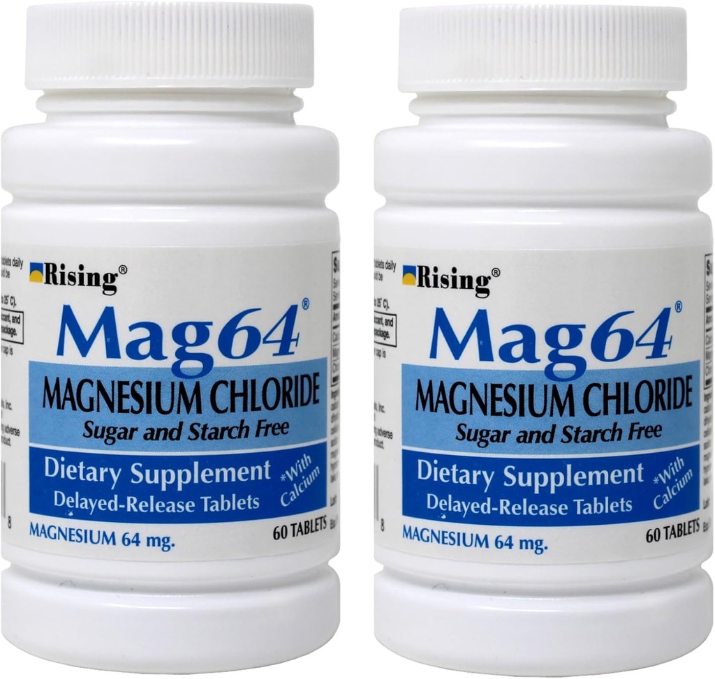 Rising Mag64 Magnesium Chloride Dietary Supplement Delayed-Release Tablets 64 mg, 60 Tablets (Pack of 2)