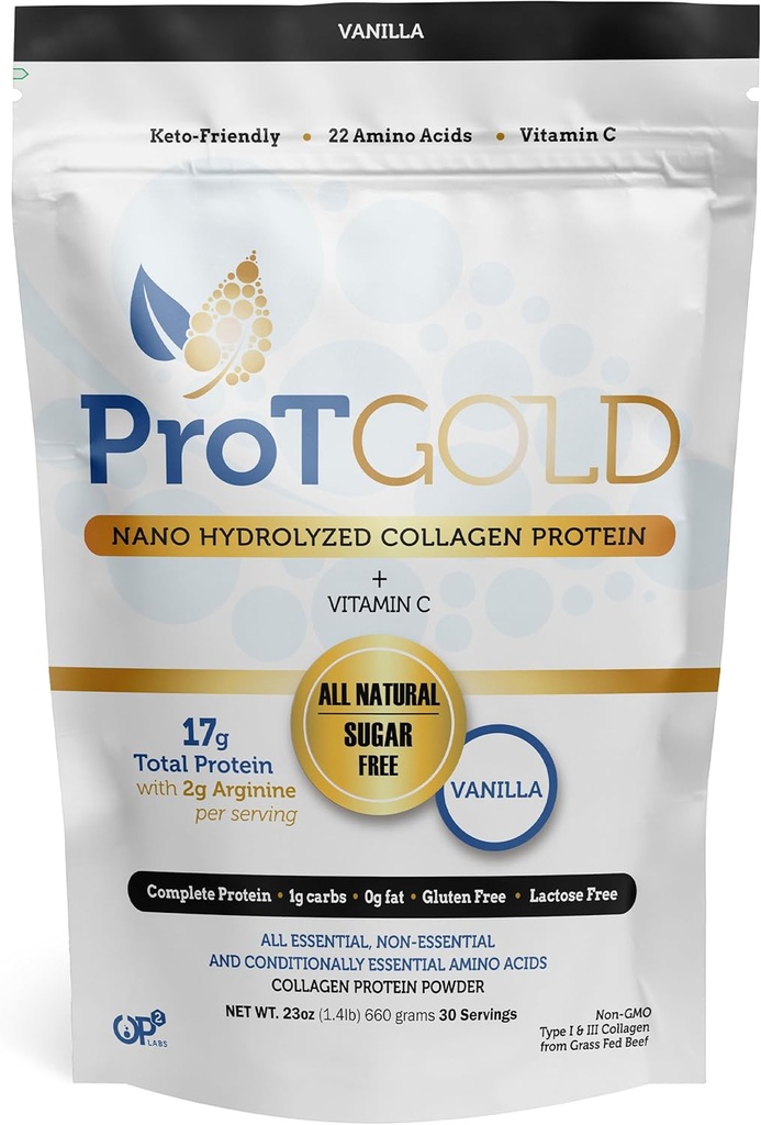 ProT Gold Collagen Protein Powder, 17g Protein Nano-Hydrolyzed Grass Fed Collagen, Vitamin C, 2g Arginine for Wound Support, Gluten Free, All Natural, Fat and Sugar Free, 0g Carbs, Vanilla, 23 oz, 30