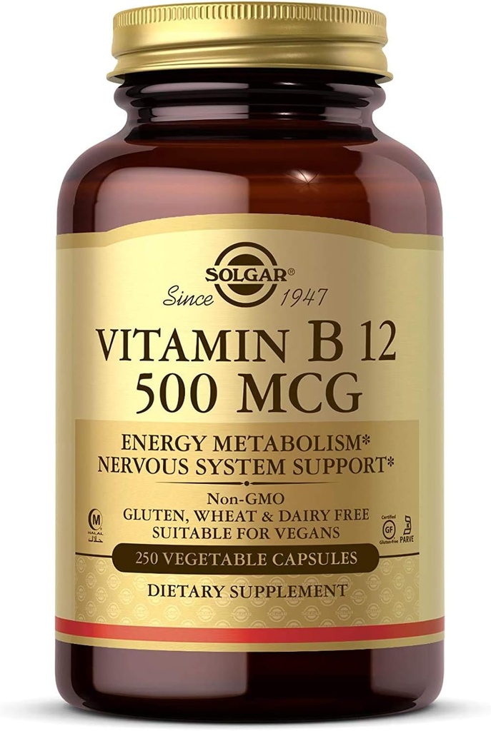 ソルガービタミンB12 500 mcg、250野菜カプセル - エネルギー代謝 - 神経系サポート - 心の健康を促進 - 非GMO、ビーガン、グルテンフリーグルテンフリー、乳製品無料、コーシャ、ハラール - 250サービング