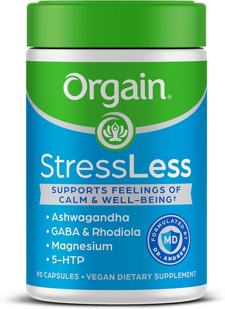 Orgain StressLess, Vegan Stress Relief Supplement - Blend of Magnesium, Lemon Balm, GABA, 5 HTP, Rhodiola Rosea, Ashwagandha and Chamomile, Gluten Free, Doctor Formulated - 90 Count, 30 Day Supply