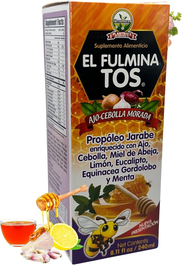 EL FULMINA TOS Propoleo +AJO + CEBOLLA +Miel+Limon+Eucalipto+Equinacea+Gordolobo & Menta (Propolis Syrup W/Garlic and Onion) 8.11 fl oz Nutritional Supplement Cough Syrup FULMINA TOS