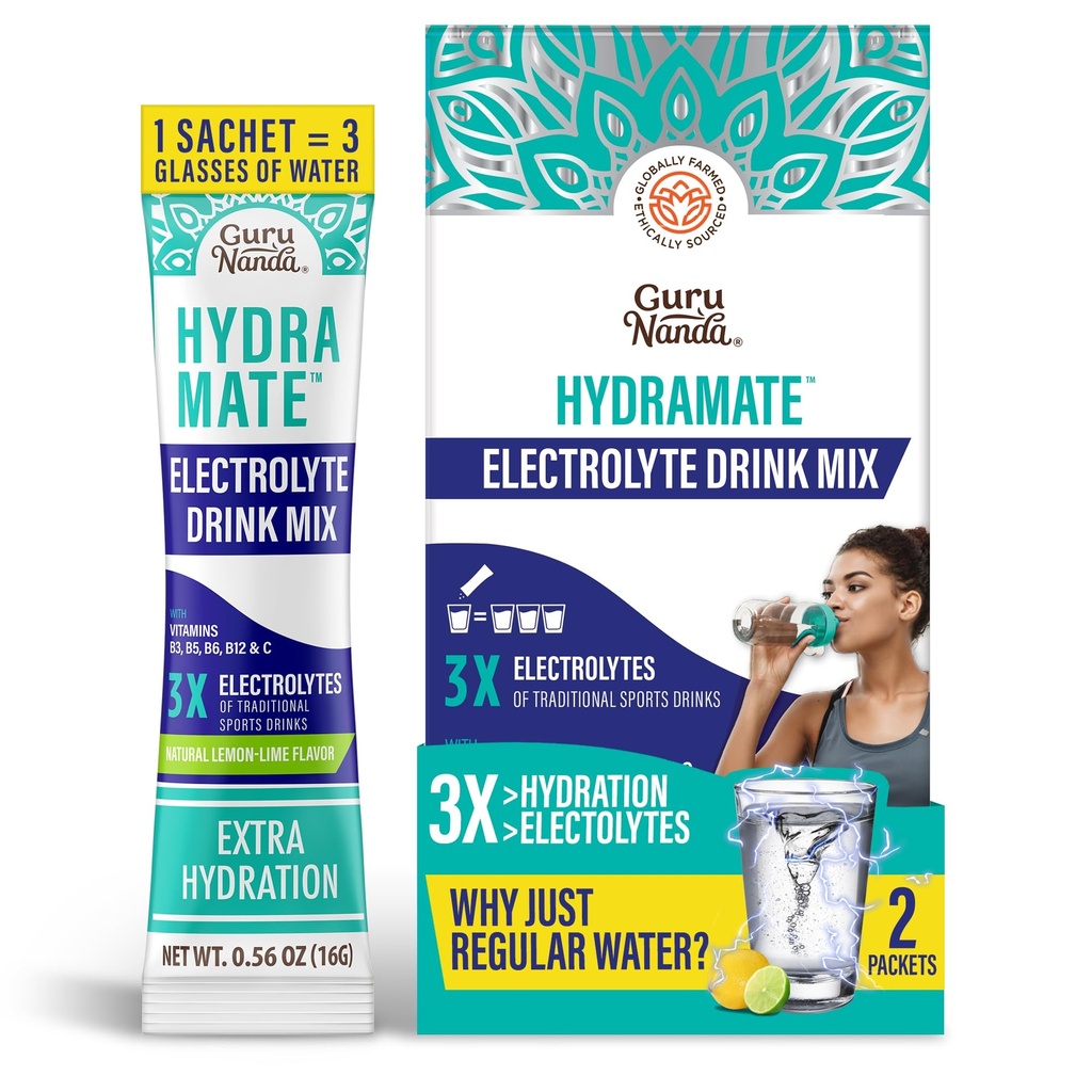 GuruNanda Hydramateの加水サポート飲み物の組合せ-脱水、練習及びエネルギーのための電解質の粉のパケット-加えられた甘味料、非GMOの自然なレモン ライムの味- 2の計算(それぞれ0.56のoz)