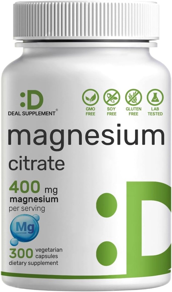 Magnesium Citrate 400mg Per Serving, 300 Veggie Capsules – Chelated, Easily Absorbed, Purified Trace Mineral – Muscle, Heart, & Digestive Support – Non-GMO