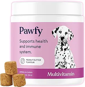 Pawfy Dog Multivitamins 15 に 1   皮膚とコートのための犬のビタミン - 全般的なウェルネスをサポート | 上級犬は、時折痛みから補う | 子犬のおいしいビタミンCの咀嚼 - 30 カウント