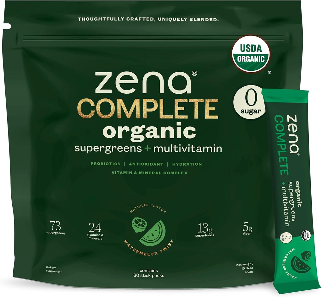 Zenaの完全な有機性極度の緑の粉及びMultivitamin、90+ Supergreens、フルーツ、野菜、0砂糖、5G繊維、前及びプロバイオティクス、スイカの柑橘類の味、30のパケット