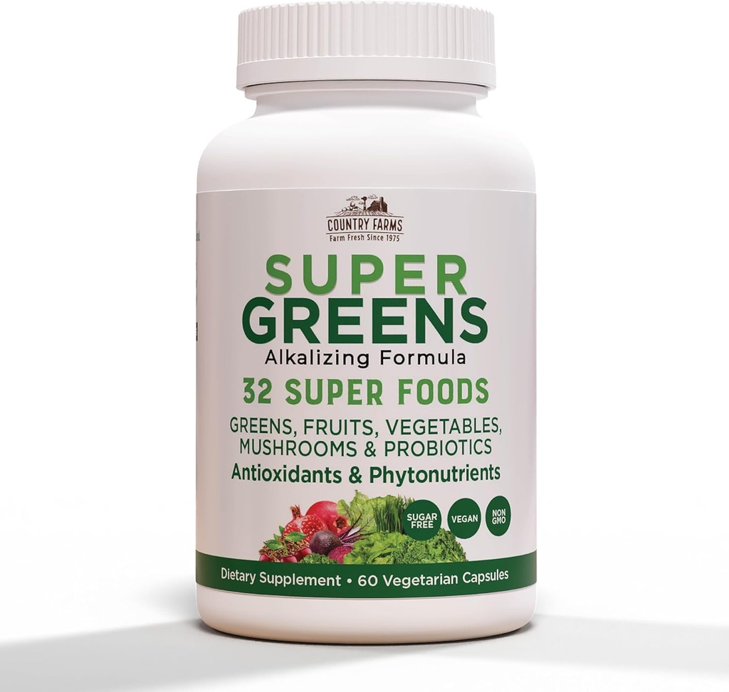COUNTRY FARMS Super Greens Vegicaps, 32 Super Foods, Whole Food Supplement, Greens, Fruit, Vegetables, Mushrooms & Probiotics, Rich in Antioxidants & Phytonutrients, 120 Count, 60 Servings