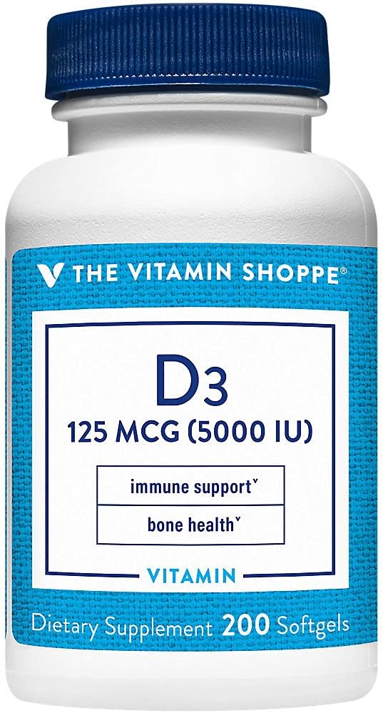 The Vitamin Shoppe Vitamin D3 5000IU Softgel, Supports Bone & Immune Health, Aids in Cellular Growth & Calcium Absorption, Gluten Free & Once Daily Formula (200 Softgels)