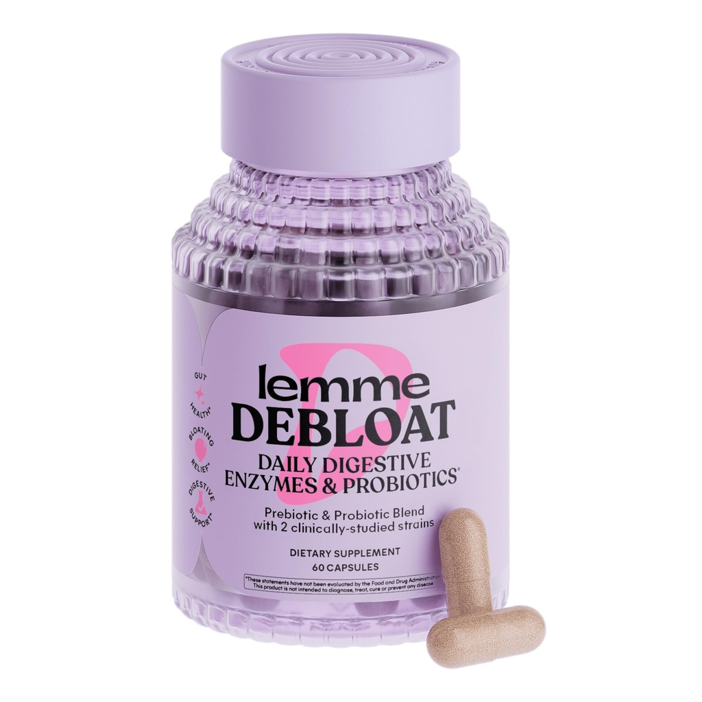Lemme Debloat 3-in-1 プレバイオティクス、プロバイオティック&消化酵素カプセル ブロッキング&ガスリリーフ - 2 臨床的にプロバイオティクス w/5 消化酵素 消化不良、女性&男性 (60 カウント)