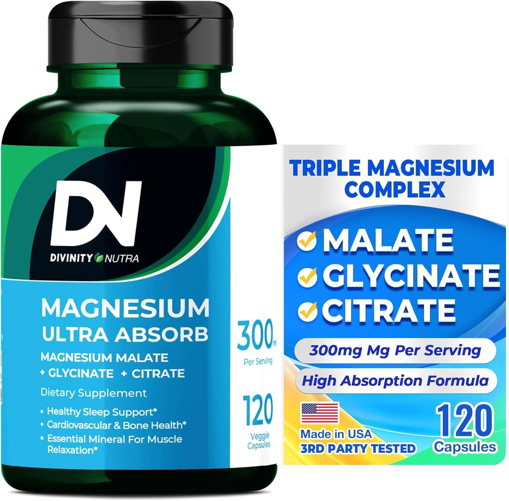 Divinity Nutra Triple Magnesium Complex Supplement,300mg of Magnesium Glycinate, Malate & Citrate for Muscles, Nerves, & Energy, High Absorption, 120 Vegan Capsules，Non-GMO USA Made
