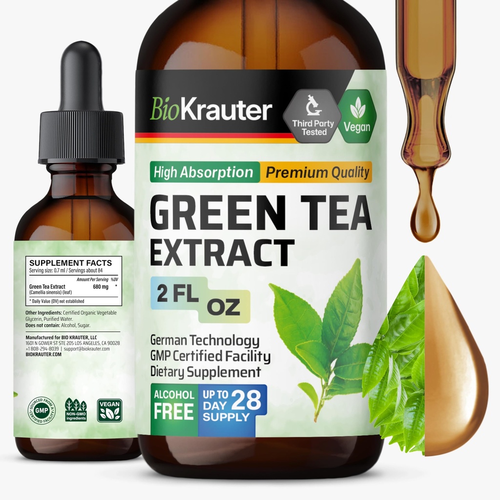BIO KRAUTERの緑茶のエキスの液体の低下-緑の茶補足-酸化防止源-アルコールおよび砂糖は- 2 Fl.Ozを放します。