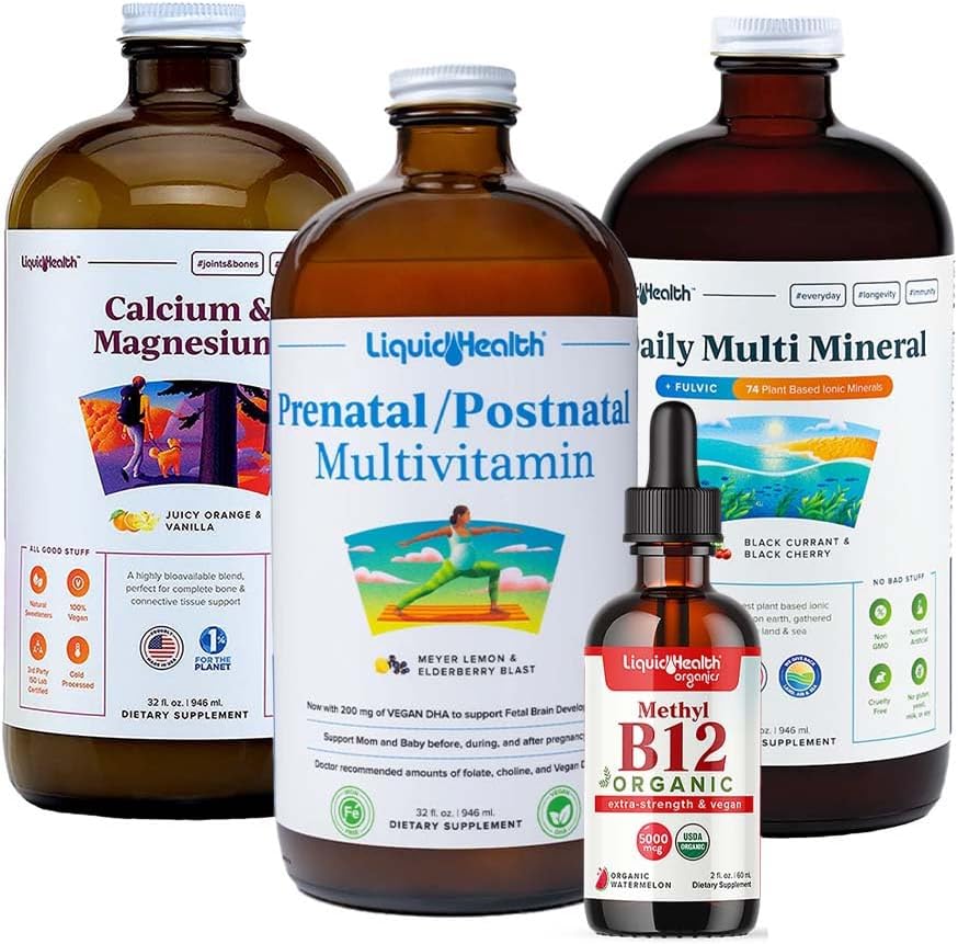 LIQUIDHEALTHの女性の健康及び死亡の毎日液体のMultivitaminはPrenatal/Postnatal Multivitamin、Calcium及びマグネシウム、毎日の多鉱物及び有機性ビタミンB12の低下と束ねます-米国は、非GMO作りました