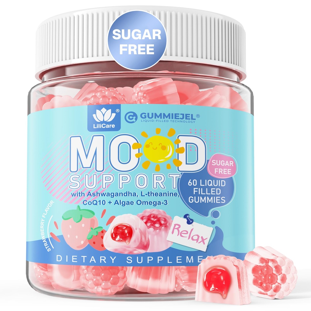 Ashwagandha Saffron Calm Gummies + Omega 3, L-Theanine & CoQ10 for Women Men, Natural Calming Happy Relax Gummies for Adult, Mood Support Supplement Gummy, Strawberry Flavor, Sugar Free, 完全菜食主義者の, 60ct