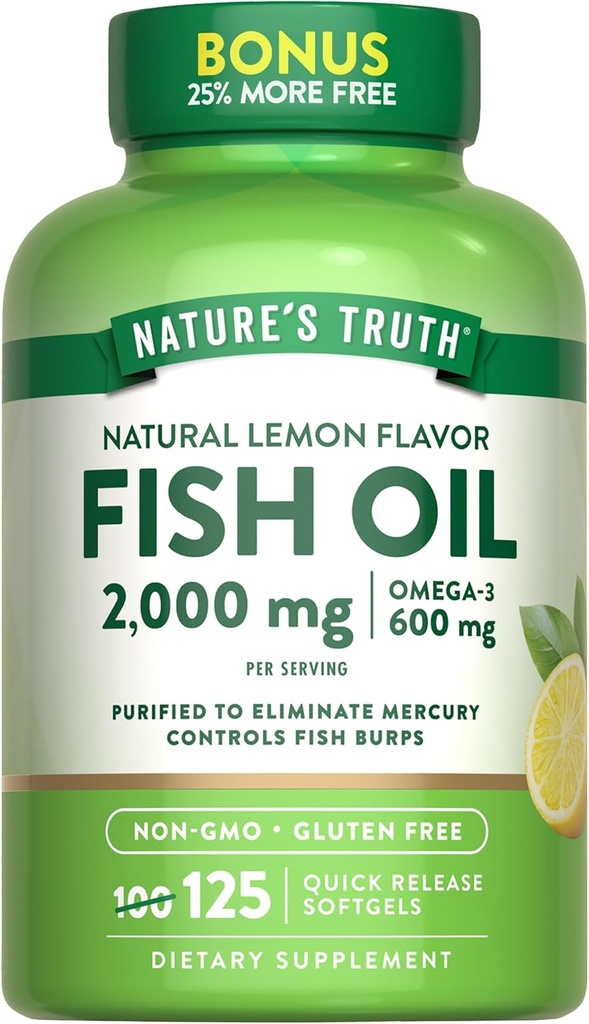 Nature's Truth Omega 3 Fish Oil 2000 mg | 125 Liquid Softgels | Burpless, Lemon Flavor Pills | Non-GMO and Gluten Free Supplement