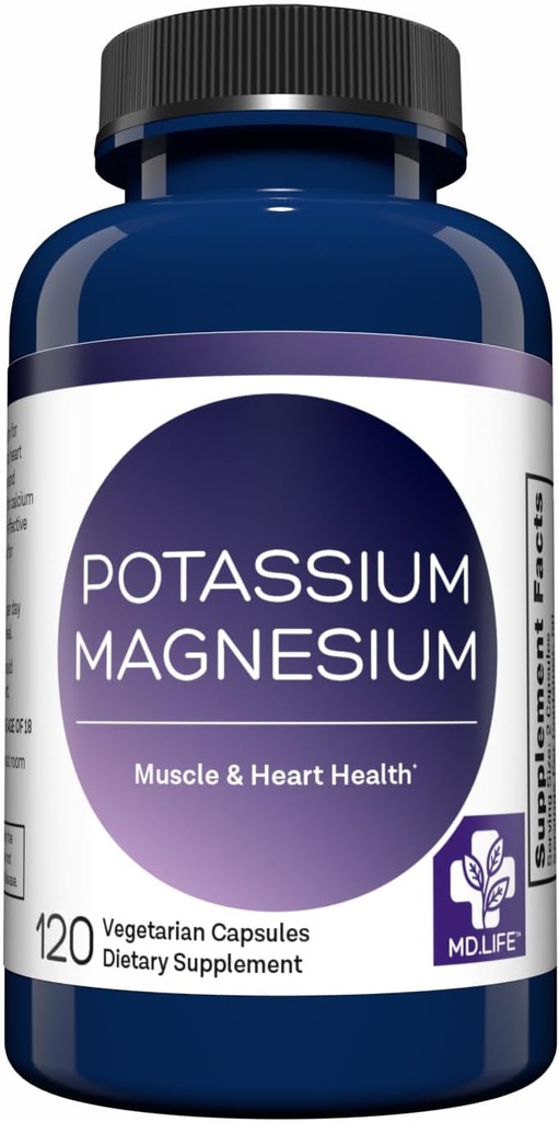 MD. Life Potassium Magnesium Supplement - 120 Capsules - Magnesium Potassium Supplement - High Absorption Complex - Support Vascular Health & Leg Cramp