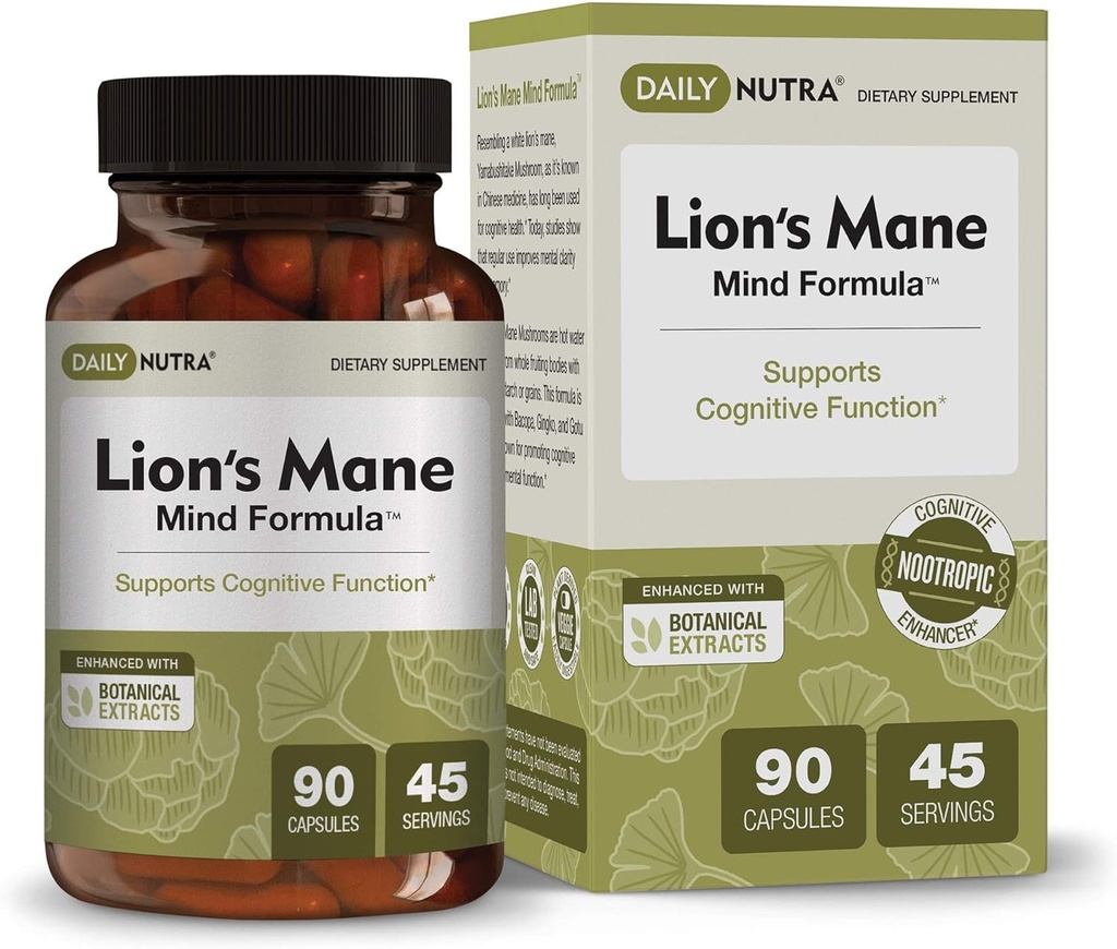 DailyNutra LionのManeマインドフォーミュラ - 認知脳の健康のための向知性サプリメント | バコパ、ジンコ、ゴタコラ(90カプセル)で有機マッシュルームエキス