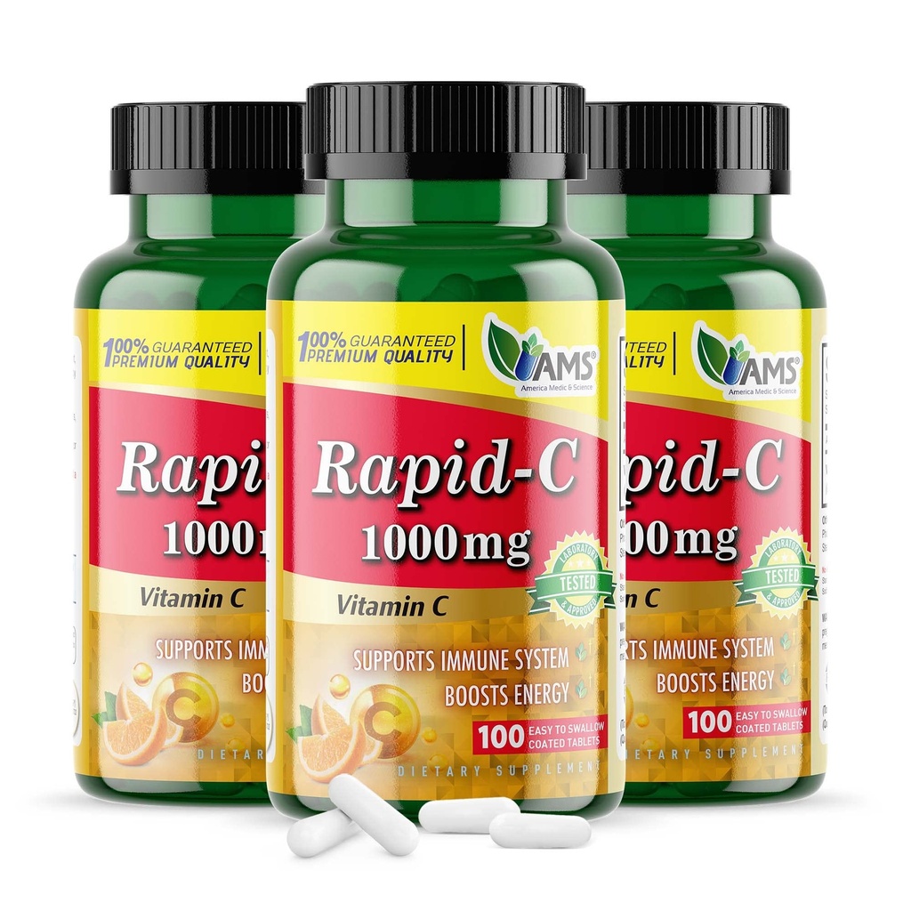 America Medic & Science Rapid-C 1000mg Vitamin C Supplement (3 Pack of 100 Tablets) Energy Booster, Daily Immune System Support, Antioxidant | Vegan, Non-GMO Coated Ascorbic Acid for Adult Men & Women