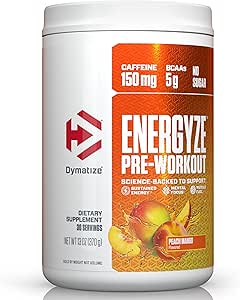 男性と女性のためのDymatize Energyzeプレワークアウトパウダー、Peach Mango、150mgカフェイン、5g BCAAs、L-テアニンのパフォーマンスブレンド、L-チロシン、L-シトルリン、砂糖(30サービング)なし