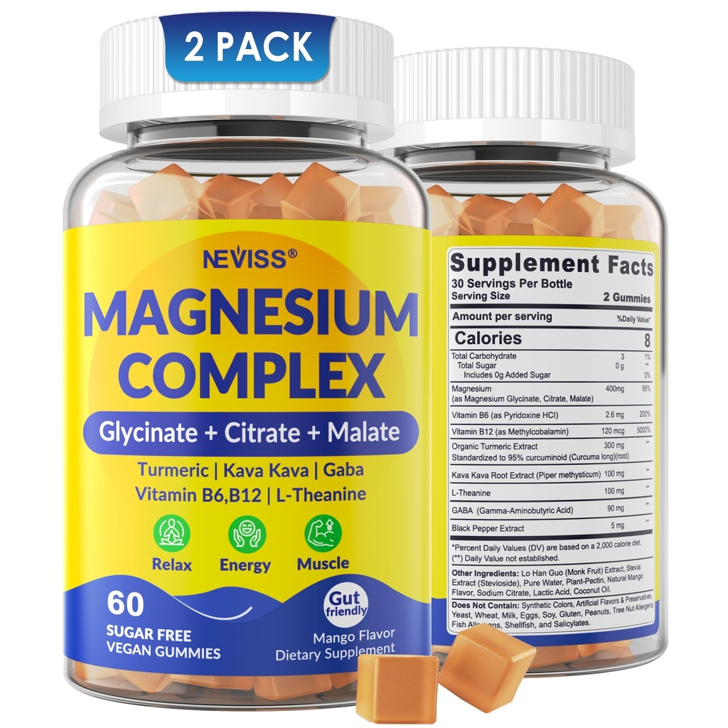 マグネシウムコンプレックスグミー400mg、マグニシムグリシリンクエン酸塩マレート+ターメリック、GABA、B6 B12、カバカバ、睡眠のためのL-テアニン、カルム、リラックス、エネルギー、女性男性のためのマグネシウムグミー、ビーガン、2パック
