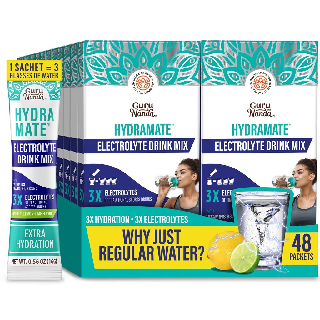 GuruNanda Hydramateの給水サポート飲み物の組合せ-脱水、練習及びエネルギーのための電解質の粉のパケット-加えられた甘味料、非GMOの自然なレモン ライムの味- 48の計算(それぞれ0.56のoz)