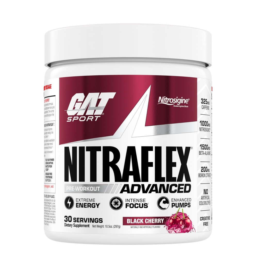 GAT SPORT Nitraflexアドバンストプレワークアウトパウダー、血流を増加させ、強度とエネルギーをブーストし、エクササイズパフォーマンスを向上させます(ブラックチェリー、30サービング)