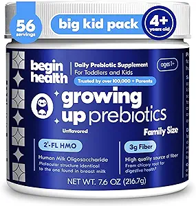 Begin Health Growing Up Prebiotics for Kids 56-Packs | Prebiotic Soluble Powder Stool Softeners and Digestive Gut Health Supplement | Ideal to Mix with Kids Daily Beverages and Soft Foods - Unflavored