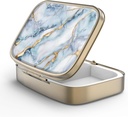 Pill Case Pill Box with Mirror Retro 2 Compartment Small Pill Case for Purse or Pocket Bronze Rectangular Pill Box or Vitamins, Fish Oil, Supplements, Pill Containe Travel Gifts（White Blue Marble）