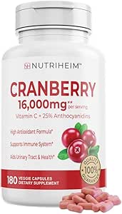 Cranberry Extract Pills Supplement 25% Proanthocyanidins with Vitamin C - Urinary Tract, Skin, Immune Support - 180 Veggie Capsules - Non-GMO, Gluten-Free, Vegan Friendly