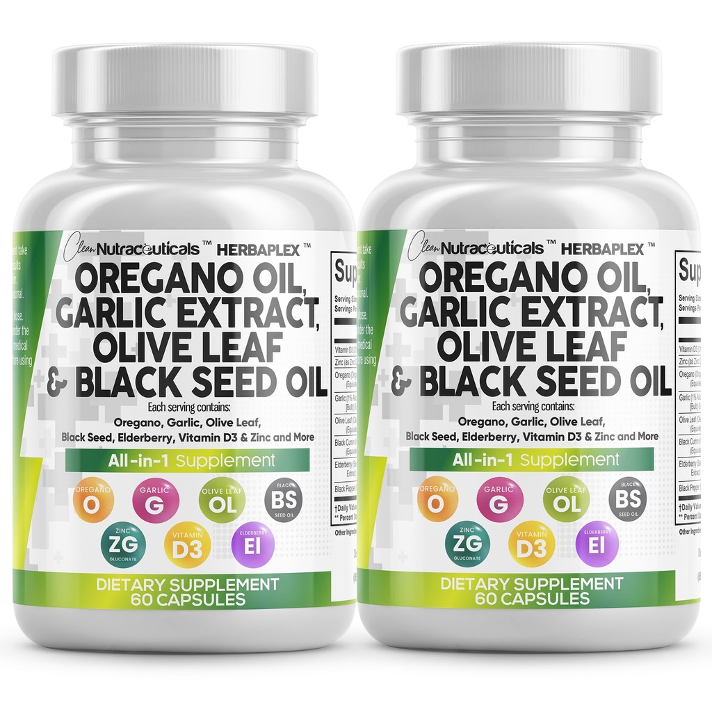 きれいなNutraceuticalsのオレガノオイルのニンニクのエキスのオリーブ葉の黒の種油-免疫サポート及びビタミンD3及び亜鉛が付いている女性そして人のための消化の健康の補足- 2Pack