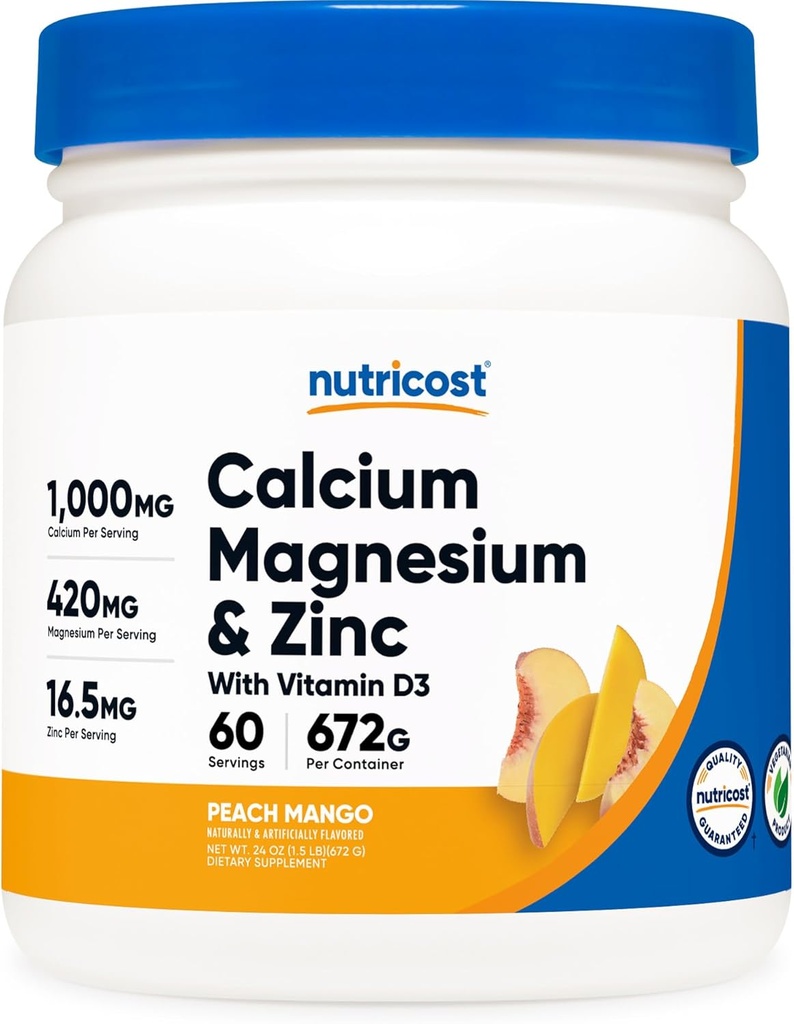 ビタミンD3の粉が付いているNutricostカルシウム マグネシウム亜鉛、60のサービング(Peach Mango) - Calcium (1000 MG) マグネシウム(420 MG) 亜鉛(16.5 MG) ビタミンD3 (30 MCG) - グルテンフリー、非GMO