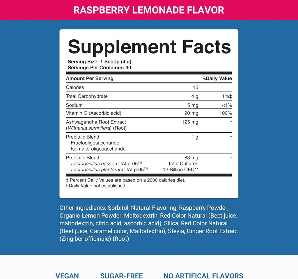 アシュワガンダとグットヘルスのための毎日のウェルネスドリンク - プレバイオティクス、プロバイオティクス、ビタミンCとラズベリーLemonade - リラックスと消化をサポート、植物ベースの