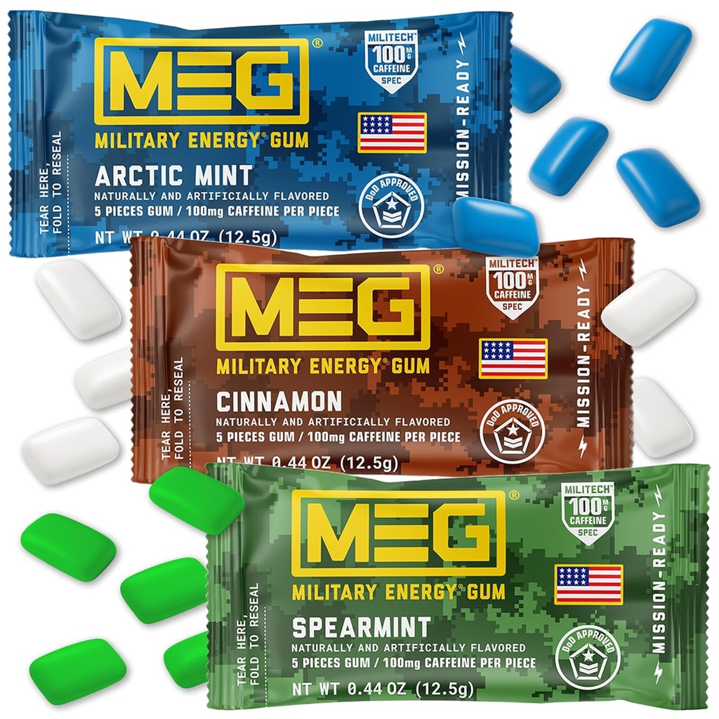 MEG Gum - 軍事エネルギーGum | 1ピースあたりのカフェインの100mg - 15ピースサンプルパック - ブーストパフォーレへのエネルギーと焦点