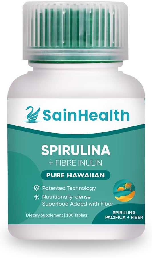 Spirulina +繊維インリン - ハーブサプリメント, Spirulinaは、消化の健康のための繊維のビーガンタブレットを追加しました, 600mgスピルリナ, ビーガン&GMO無料 (180錠)